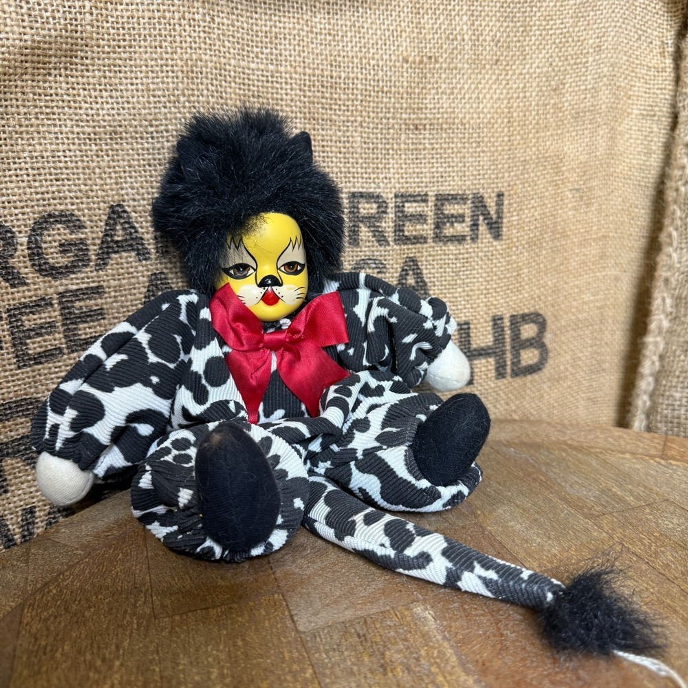 Vintage Porcelain Head Cat Clown Doll Leopard Print Body Fur Trim Red Bow